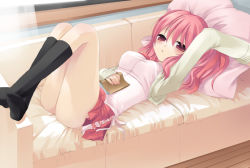 Rule 34 | 1girl, :o, arm up, ass, black socks, blush, book, breasts, cardigan, casual, couch, cross-laced clothes, crossed ankles, hand on own stomach, indoors, jacket, kneehighs, legs up, long sleeves, looking at viewer, lying, miniskirt, on back, on couch, open clothes, open jacket, original, pillow, red eyes, red hair, red skirt, sazaki ichiri, shirt, short hair, skirt, sleepy, sleeves past wrists, socks, solo, taut clothes, taut shirt, thighs, wooden floor