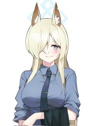 Rule 34 | 1girl, animal ear fluff, animal ears, asymmetrical bangs, bagjeomlye88315, blue archive, blue eyes, blue necktie, blue shirt, blush, breasts, hair over one eye, halo, highres, kanna (blue archive), large breasts, long hair, looking at viewer, necktie, one eye covered, shirt, sidelocks, simple background, sleeves rolled up, smile, solo, upper body, very long hair, white background