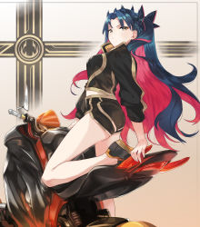 Rule 34 | 1girl, absurdres, alternate costume, black bow, black footwear, black hair, black jacket, black shorts, bow, breasts, closed mouth, contemporary, fate/grand order, fate (series), grey eyes, hair bow, highres, horns, ishtar (fate), jacket, legs, long hair, long sleeves, looking at viewer, medium breasts, motor vehicle, motorcycle, multicolored hair, ohland, parted bangs, red hair, shorts, solo, space ishtar (fate), space ishtar (first ascension) (fate), thighs, two-tone hair, two side up