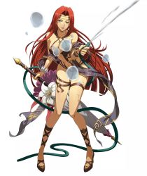 Rule 34 | 1girl, absurdres, bare shoulders, bikini, breasts, earrings, halterneck, headband, highres, holding, holding hose, hose, jewelry, langrisser, lips, lipstick, long hair, looking at viewer, makeup, navel, official art, open mouth, red hair, shiny skin, simple background, smile, solo, swimsuit, thigh strap, umbrella, water, water drop, wet, yellow eyes