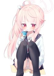 Rule 34 | 1girl, ahoge, bendy straw, black sailor collar, black skirt, black thighhighs, blue archive, blush, closed mouth, collarbone, commentary request, drinking, drinking straw, halo, highres, holding, kokone (coconeeeco), long hair, long sleeves, milk carton, natsu (blue archive), neckerchief, no shoes, panties, pink hair, pleated skirt, red eyes, red neckerchief, sailor collar, school uniform, serafuku, shirt, side ponytail, simple background, sitting, skirt, sleeves past wrists, solo, striped clothes, striped panties, thighhighs, underwear, very long hair, white background, white shirt