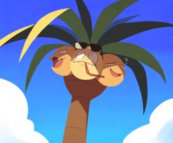 Rule 34 | :d, ?, alolan exeggutor, alolan form, black eyes, closed mouth, cloud, commentary, creatures (company), day, fangs, fangs out, game freak, gen 7 pokemon, looking up, mouth hold, nintendo, open mouth, outdoors, palm tree, pokemon, sky, smile, ssalbulre, sunglasses, tree