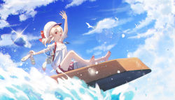 Rule 34 | 1girl, alternate costume, backpack, bag, blonde hair, blue sky, cloud, cloudy sky, day, fingertip gentleman, genshin impact, hat, highres, klee (genshin impact), low twintails, open mouth, outdoors, red eyes, sky, solo, sparkle, splashing, sunlight, twintails, water, water drop