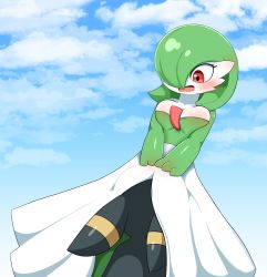 Rule 34 | 1girl, blue background, blue sky, blush, bob cut, breasts, cloud, colored skin, creatures (company), day, dutch angle, ear blush, embarrassed, female focus, game freak, gardevoir, gen 2 pokemon, gen 3 pokemon, gradient background, gradient sky, green hair, green skin, hair over one eye, highres, looking down, medium breasts, multicolored skin, nintendo, one eye covered, open mouth, outdoors, own hands together, pokemon, pokemon (creature), shiny skin, short hair, sky, solo focus, sum (ganach24), two-tone skin, umbreon, under skirt, v arms, white skin, wide-eyed