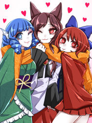 Rule 34 | 3girls, animal ears, black shirt, blue bow, blue hair, bow, brooch, brown hair, cape, cheek-to-cheek, cloak, dress, drill hair, drill sidelocks, fins, frilled kimono, frills, grass root youkai network, green kimono, hair bow, head fins, heads together, heart, highres, imaizumi kagerou, japanese clothes, jewelry, kae (hyugafire), kimono, long hair, long sleeves, monster girl, multiple girls, obi, one eye closed, red cape, red cloak, red eyes, red hair, sash, scarf, sekibanki, shared clothes, shared scarf, shirt, short hair, sidelocks, simple background, touhou, wakasagihime, werewolf, white background, white dress, wolf ears