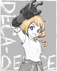 Rule 34 | 1girl, bad id, bad pixiv id, blue eyes, braid, chibi, commentary, copyright name, decadence (anime), graphite (medium), linbo tottri, looking at viewer, natsume (decadence), open hand, open mouth, orange hair, prosthesis, prosthetic arm, solo, spot color, traditional media