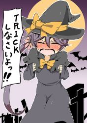 Rule 34 | 10s, 1girl, akebono (kancolle), alternate costume, bat (animal), black dress, blush, bow, closed eyes, dress, flower, graveyard, hair flower, hair ornament, halloween, halloween costume, hat, hat bow, kantai collection, long hair, long sleeves, moon, nose blush, open mouth, ponytail, purple hair, shawl, shino (ponjiyuusu), side ponytail, solo, sweat, tombstone, translated, very long hair, wavy mouth, witch hat, yellow bow