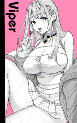 Rule 34 | 1girl, ame arare, breasts, candy, chain, character name, choker, cleavage, crop top, fishnets, food, goddess of victory: nikke, greyscale, hair ornament, highres, horns, large breasts, lollipop, long hair, mole, mole under eye, monochrome, pink background, saliva, saliva trail, simple background, skirt, solo, thick thighs, thighs, viper (nikke)