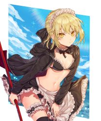 Rule 34 | 1girl, apron, artoria pendragon (alter swimsuit rider) (fate), artoria pendragon (alter swimsuit rider) (second ascension) (fate), artoria pendragon (fate), black bra, black jacket, black pants, black ribbon, black skirt, black thighhighs, blonde hair, bra, breasts, choker, cleavage, fate/grand order, fate (series), frilled apron, frilled bra, frills, garter straps, grey apron, highres, holding, holding weapon, jacket, maid headdress, medium breasts, midriff, miniskirt, navel, neck ribbon, open clothes, open jacket, pants, polearm, ribbon, shiny skin, short hair, sideboob, simple background, skirt, solo, stomach, tanzzi, thighhighs, underwear, unzipped, weapon, white background, yellow eyes