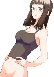 Rule 34 | 1girl, bad id, bad pixiv id, bottomless, breasts, brown hair, cleavage, glasses, grey eyes, groin, hands on own hips, long hair, nanahime, navel, no bra, out-of-frame censoring, simple background, solo, tank top, white background