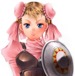 Rule 34 | 1girl, armor, blonde hair, blue eyes, blush, breastplate, buckler, bun cover, child, chrono cross, closed mouth, double bun, dress, eye contact, facing viewer, gloves, hair bun, hands up, long sleeves, looking at another, looking at viewer, marcy (chrono cross), papiko (tsuzukick), puffy sleeves, shield, shiny skin, short dress, short hair, simple background, skirt, smile, solo, upper body, white background
