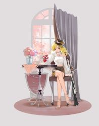 Rule 34 | 1girl, absurdres, acr (ars4443), ankle ribbon, arm at side, belly chain, black choker, black hat, blonde hair, blue flower, bow, branch, breasts, brown skirt, chain, chair, cherry, cherry blossoms, choker, crossed legs, cup, curtains, diagonal-striped bow, drill hair, elbow rest, flower, food, frilled sleeves, frills, fruit, grey background, gun, hat, hat feather, high heels, highres, ice cream, jewelry, large breasts, leg ribbon, legs, long legs, long sleeves, looking at viewer, mahou shoujo madoka magica, mahou shoujo madoka magica (anime), midriff peek, mini hat, mini top hat, nail polish, navel, necklace, nightstand, off shoulder, on chair, open shoes, orange bow, orange eyes, orange flower, pink flower, plaid, plaid skirt, puffy long sleeves, puffy sleeves, purple flower, red nails, ribbon, rifle, saucer, side slit, simple background, sitting, skirt, smile, solo, soul gem, striped, swept bangs, table, tablecloth, tassel, teacup, teapot, toenails, toes, tomoe mami, top hat, tree, twin drills, vase, water, weapon, whipped cream, white footwear, white ribbon, window