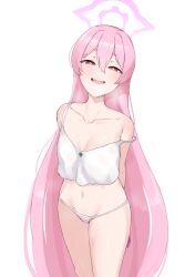 Rule 34 | 1girl, absurdres, arms behind back, blue archive, blush, camisole, collarbone, cowboy shot, hair between eyes, halo, highres, koyuki (blue archive), long hair, looking at viewer, navel, noe (ppppriver), open mouth, panties, pink eyes, pink hair, smile, solo, strap slip, striped clothes, striped panties, underwear, very long hair, white camisole
