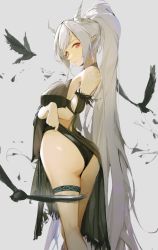 Rule 34 | 1girl, arknights, ass, bare legs, bare shoulders, barefoot, bird, black one-piece swimsuit, breasts, brown eyes, commentary request, eyyy, feet out of frame, grey background, highres, horns, infection monitor (arknights), long hair, looking at viewer, medium breasts, official alternate costume, one-piece swimsuit, partial commentary, pointy ears, ponytail, shining (arknights), shining (silent night) (arknights), silver hair, simple background, solo, standing, swimsuit, thigh strap, thighs, very long hair