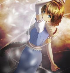 Rule 34 | 1girl, alice margatroid, arm up, ass, bad id, bad pixiv id, blonde hair, blue eyes, capelet, dress, elbow gloves, female focus, gloves, hairband, masatome, sash, short hair, solo, touhou, white gloves