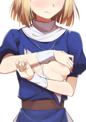 Rule 34 | 1girl, blonde hair, blush, breasts, breasts apart, closed mouth, covering privates, covering breasts, elena stoddart, falcom, head out of frame, highres, jewelry, lips, medium breasts, morisobo, necklace, nipples, puffy short sleeves, puffy sleeves, short hair, short sleeves, simple background, solo, torn clothes, turtleneck, upper body, white background, wristband, ys, ys iii wanderers of ys
