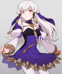 Rule 34 | 1girl, brooch, choker, clothes lift, collarbone, commentary, dress, fingernails, fire emblem, fire emblem: three houses, frown, gold trim, hair ornament, hair tie, highres, jewelry, long hair, looking at viewer, lysithea von ordelia, nintendo, pantyhose, peach11 01, puffy sleeves, purple dress, red eyes, skirt, skirt lift, solo, tassel, tassel hair ornament, watermark, white hair, white sleeves