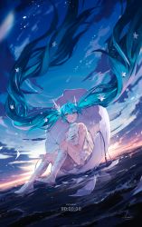 Rule 34 | 1girl, aqua eyes, aqua hair, blue eyes, blue hair, blue sky, boots, cable, cloud, commentary, dated, dutch angle, eggshell, english commentary, eyelashes, floating hair, flower, glint, gloves, hair flower, hair ornament, hand on own chest, hatching, hatsune miku, highres, horizon, knee boots, knees up, legwear garter, long hair, looking away, looking to the side, mixed-language commentary, outdoors, ozadomi, parted lips, petals, rainbow, shards, shorts, signature, sitting, sky, sleeveless, solo, timestamp, twilight, very long hair, vocaloid, water, waves, white flower, white footwear, white gloves, white shorts, wing hair ornament
