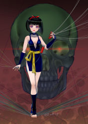 Rule 34 | 1girl, artist request, bare shoulders, black hair, bob cut, breasts, cleavage, curvy, dated, dress, full body, gradient background, hairband, highres, inuyasha, katana, large breasts, lips, lipstick, looking at viewer, makeup, no bra, red background, red eyes, revealing clothes, sakasagami no yura, shiny skin, short dress, simple background, skull, smile, solo, standing, sword, weapon, wide hips