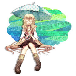 Rule 34 | 1girl, :d, ^ ^, bad id, bad pixiv id, boots, braid, closed eyes, closed eyes, ia (vocaloid), long hair, loose socks, open mouth, purple eyes, rubber boots, shiomizu (swat), smile, socks, solo, umbrella, vocaloid