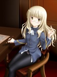 Rule 34 | 1girl, arm up, black pantyhose, blonde hair, blush, chair, crotch seam, desk, glasses, long hair, military, military uniform, mushoku no hourousha, panties, panties under pantyhose, pantyhose, pen, perrine h. clostermann, sitting, solo, strike witches, underwear, uniform, world witches series, yellow eyes