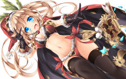 Rule 34 | 10s, 1girl, black gloves, black thighhighs, blue eyes, bra, breasts, cape, clarisse (granblue fantasy), dutch angle, fur trim, gloves, granblue fantasy, hat, highres, kamiya tomoe, large breasts, light brown hair, long hair, looking at viewer, navel, open mouth, panties, ponytail, red bra, red panties, santa costume, santa hat, simple background, smile, solo, stomach, thighhighs, underwear, v, very long hair, white background