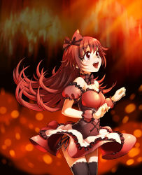 Rule 34 | 1girl, :d, black bow, black thighhighs, blush, bow, choker, detached sleeves, frills, gothic wa mahou otome, gradient background, hair bow, highres, long hair, open mouth, ranan (gothic wa mahou otome), ranun (gothic wa mahou otome), red eyes, red hair, red skirt, skirt, smile, solo, thighhighs, unpopin, wrist cuffs