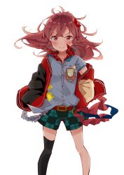 Rule 34 | 1girl, absurdres, ahoge, belt, blush, bow, commentary request, hair bow, highres, idolmaster, idolmaster shiny colors, jacket, komiya kaho, long hair, looking at viewer, mola mola, pink eyes, plaid, plaid shorts, red hair, shorts, single thighhigh, solo, thighhighs, white background