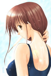 Rule 34 | 1girl, adjusting hair, azuma yuki, back, breasts, brown eyes, brown hair, eating, covered erect nipples, food, from behind, large breasts, lens flare, mouth hold, nape, neck, one-piece swimsuit, popsicle, signature, solo, swimsuit, wet, yellow eyes