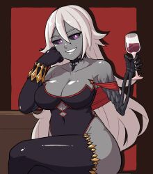 Rule 34 | 1girl, alcohol, bare shoulders, black dress, black gloves, black sclera, black thighhighs, bracelet, bright pupils, choker, clip studio paint (medium), colored sclera, colored skin, commentary, crossed legs, cup, dress, drinking glass, elbow gloves, english commentary, gloves, grey skin, hair between eyes, hand on own cheek, hand on own face, highres, holding, holding cup, jewelry, lace, lace choker, long hair, original, purple eyes, red background, skeletal arm, smile, solo, thighhighs, vibrantrida, white hair, wine, wine glass