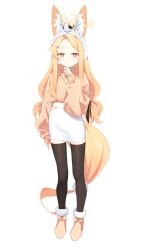 Rule 34 | 1girl, absurdres, alternate costume, animal ear fluff, animal ears, black thighhighs, blonde hair, blue archive, brown footwear, brown sweater, casual, closed mouth, forehead, fox ears, full body, halo, highres, long sleeves, looking at viewer, pantyhose, puffy long sleeves, puffy sleeves, seia (blue archive), simple background, skirt, slit pupils, solo, standing, sweat, sweater, syhan, thighhighs, wavy hair, white background, white skirt, yellow halo