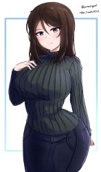 Rule 34 | 1girl, amogan, arm behind back, black hair, black pants, black sweater, blue border, blue eyes, blush, border, breasts, casual, closed mouth, collaboration, commentary request, cowboy shot, denim, frown, girls und panzer, hand on own chest, highres, huge breasts, jeans, kiroshi, korean commentary, long hair, looking at viewer, mixed-language commentary, nonna (girls und panzer), pants, partial commentary, ribbed sweater, solo, standing, sweater, swept bangs, turtleneck, twitter username, white background