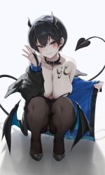 Rule 34 | 1girl, absurdres, black collar, black hair, black hairband, black horns, black jacket, black leotard, black pantyhose, black wings, blue jacket, blue wings, breasts, chest tattoo, cleavage, collar, demon girl, demon horns, demon tail, grey eyes, gwan-e, hairband, highres, holding, holding leash, horns, jacket, large breasts, leash, leotard, looking at viewer, low wings, multicolored clothes, multicolored jacket, original, pantyhose, revision, shadow, short hair, solo, squatting, tail, tattoo, two-tone jacket, two-tone wings, white background, wings