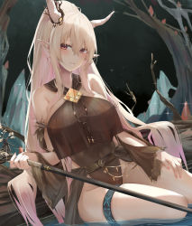 Rule 34 | 1girl, arknights, bare shoulders, bare tree, belt, black one-piece swimsuit, breasts, covered navel, female focus, glint, hair between eyes, highleg, highleg swimsuit, holding, holding staff, horns, infection monitor (arknights), large breasts, long hair, looking at viewer, official alternate costume, one-piece swimsuit, pointy ears, ponytail, red eyes, ru zhai, shining (arknights), shining (silent night) (arknights), sidelocks, sitting, smile, solo, staff, swimsuit, thigh strap, thighs, tree, very long hair, white hair