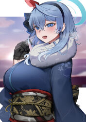 Rule 34 | 1girl, absurdres, ako (blue archive), black gloves, black hairband, blue archive, blue eyes, blue hair, blue halo, blue kimono, blush, breasts, gloves, hair between eyes, hairband, halo, highres, japanese clothes, kimono, large breasts, long hair, long sleeves, obi, open mouth, san (harutuki 3), sash, solo, upper body, wide sleeves