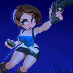 Rule 34 | 1girl, black skirt, blue background, blue eyes, blush, breasts, brown hair, cleavage, clothes around waist, commentary, corrupted twitter file, covered navel, english commentary, finger on trigger, gun, handgun, highres, holding, holding gun, holding weapon, jill valentine, large breasts, miniskirt, open mouth, raised eyebrow, resident evil, resident evil 3: nemesis, short hair, signature, skirt, solo, strapless, sweater, sweater around waist, tomaco sunderland, tube top, watermark, weapon, web address