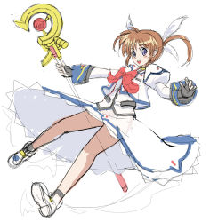 Rule 34 | 00s, 1girl, blue eyes, brown hair, fingerless gloves, gloves, highres, looking at viewer, lyrical nanoha, mahou shoujo lyrical nanoha, open mouth, raising heart, raising heart (accel mode), sketch, smile, solo, staff, takamachi nanoha, takamachi nanoha (sacred mode), tonbo, twintails, unfinished
