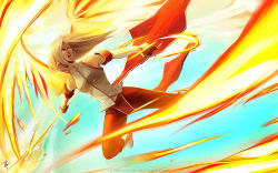 Rule 34 | 1girl, akemi hotaru, bad deviantart id, bad id, blue eyes, boots, colin tan, detached sleeves, earrings, fingerless gloves, fire, flying, full body, gloves, jewelry, loincloth, long hair, open mouth, original, pants, platinum blonde hair, polearm, solo, weapon, wings