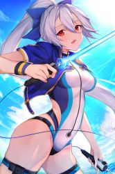 Rule 34 | 1girl, :d, blue background, blue bow, blue jacket, blush, bow, cloud, competition swimsuit, cowboy shot, fate/grand order, fate (series), hair between eyes, hair bow, highres, holding, holding sword, holding weapon, jacket, long hair, looking at viewer, one-piece swimsuit, open mouth, ponytail, red eyes, sky, smile, solo, standing, swimsuit, sword, tapioka (oekakitapioka), tomoe gozen (fate), tomoe gozen (swimsuit saber) (fate), tomoe gozen (swimsuit saber) (first ascension) (fate), weapon, white hair