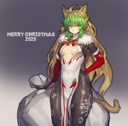 Rule 34 | 1girl, ahoge, animal ears, atalanta (fate), bow, breast cutout, breasts, christmas, clothing cutout, colored eyelashes, fate/apocrypha, fate/grand order, fate (series), fur collar, gloves, green eyes, green hair, melon22, multicolored hair, narrow waist, pantyhose, red gloves, ribbon, sack, small breasts, snowflake print, tail, thighs, wide hips