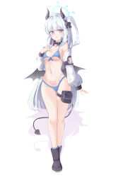 Rule 34 | 1girl, absurdres, bikini, black footwear, black horns, black tail, black wings, blue archive, blue bikini, blue halo, boots, breasts, demon horns, demon tail, demon wings, full body, grey hair, halo, highres, horns, long hair, medium breasts, miyako (blue archive), navel, one side up, pubic tattoo, purple eyes, simple background, sisong, solo, swimsuit, tail, tattoo, white background, wings