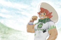 Rule 34 | 1boy, bow, clenched hand, commentary request, creatures (company), day, dynamax band, freckles, game freak, green bow, green eyes, grin, hand up, hat, highres, male focus, milo (pokemon), nintendo, outdoors, pokemon, pokemon swsh, shirt, short hair, short sleeves, smile, solo, syo chikubai, teeth, upper body, white hat, white shirt