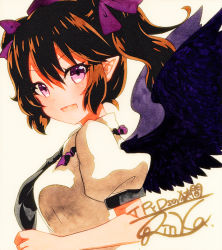 Rule 34 | 1girl, :d, bad id, bad pixiv id, black necktie, black wings, breasts, brown hair, from side, hair between eyes, hair ribbon, hat, himekaidou hatate, looking at viewer, medium breasts, necktie, open mouth, pointy ears, puffy short sleeves, puffy sleeves, purple eyes, purple hat, purple ribbon, qqqrinkappp, ribbon, shikishi, short sleeves, simple background, smile, solo, tokin hat, touhou, traditional media, twintails, upper body, wings