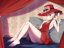 Rule 34 | alcohol, artist name, arusuko, backless dress, backless outfit, bare legs, bare shoulders, blonde hair, blush, breasts, champagne, champagne flute, commentary, cup, dress, drinking glass, green ribbon, hair between eyes, hair ribbon, hat, highres, jewelry, looking at viewer, lycoris recoil, medium breasts, necklace, nishikigi chisato, pillow, red curtains, red dress, red eyes, red hat, ribbon, shadow, short dress, short hair, sideboob, sidelocks, sitting, smile