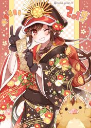 Rule 34 | 2019, black gloves, family crest, fate/grand order, fate (series), floral print, flower, fur-trimmed gloves, fur trim, gloves, grin, hair between eyes, hair flower, hair ornament, hat, highres, japanese clothes, kimono, long hair, long sleeves, military hat, new year, oda nobunaga (fate), oda uri, one eye closed, peaked cap, print kimono, red eyes, sidelocks, smile, v, very long hair, yui (tamagohan)