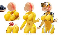 Rule 34 | 1girl, apple, blonde hair, blush, bodysuit, breasts, brown eyes, food, fruit, goggles, goggles on head, han-0v0, highres, large breasts, lemon, long sleeves, looking at viewer, making-of, multicolored hair, open mouth, original, peach, red hair, short hair, simple background, smile, solo, streaked hair, two-tone hair, v, weibo watermark, white background, yellow bodysuit