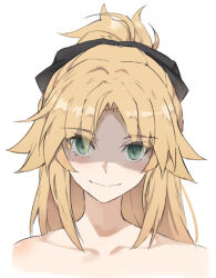 1girl black_ribbon blonde_hair collarbone commentary cropped_shoulders fate/apocrypha fate_(series) green_eyes hair_ribbon long_hair looking_at_viewer mordred_(fate) portrait ribbon simple_background solo straight-on tonee white_background