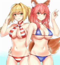 Rule 34 | 2girls, \m/, ahoge, animal ears, arm around waist, bad id, bad pixiv id, bare arms, bare shoulders, bikini, blonde hair, blue bikini, blush, breasts, brown eyes, closed mouth, collarbone, cowboy shot, criss-cross halter, earrings, fang, fang out, fary5, fate/grand order, fate (series), fox ears, fox shadow puppet, fox tail, gluteal fold, green eyes, groin, hair intakes, halterneck, hand in own hair, highres, jewelry, large breasts, long hair, looking at viewer, medium breasts, multiple girls, navel, nero claudius (fate), nero claudius (fate) (all), nero claudius (swimsuit caster) (fate), parted lips, pink hair, simple background, smile, standing, stomach, swimsuit, tail, tamamo (fate), tamamo no mae (swimsuit lancer) (fate), thigh gap, thighs, tsurime, twintails, white background