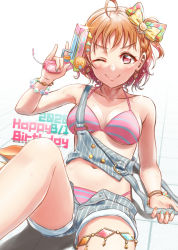 Rule 34 | 1girl, 2020, ;), ahoge, bare arms, bare legs, bikini, blue nails, bracelet, breasts, brown hair, cleavage, closed mouth, collarbone, earrings, grey shorts, gun, halterneck, happy birthday, highres, holding, holding gun, holding weapon, jewelry, looking at viewer, love live!, love live! sunshine!!, medium breasts, midriff, multicolored nails, nail polish, navel, one eye closed, open clothes, open shorts, orange nails, pink bikini, red eyes, short hair, short shorts, shorts, smile, solo, stomach, striped bikini, striped clothes, striped shorts, swimsuit, takami chika, thighlet, toine, vertical-striped clothes, vertical-striped shorts, water gun, weapon