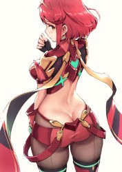 Rule 34 | 1girl, armor, ass, back, black gloves, blush, bob cut, breasts, butt crack, earrings, fingerless gloves, gloves, haoni, headpiece, highres, jewelry, large breasts, looking at viewer, looking back, nintendo, pantyhose, pantyhose under shorts, pyra (xenoblade), red eyes, red hair, red shorts, short hair, short shorts, shorts, shoulder armor, simple background, solo, super smash bros., swept bangs, thighhighs, tiara, white background, xenoblade chronicles (series), xenoblade chronicles 2